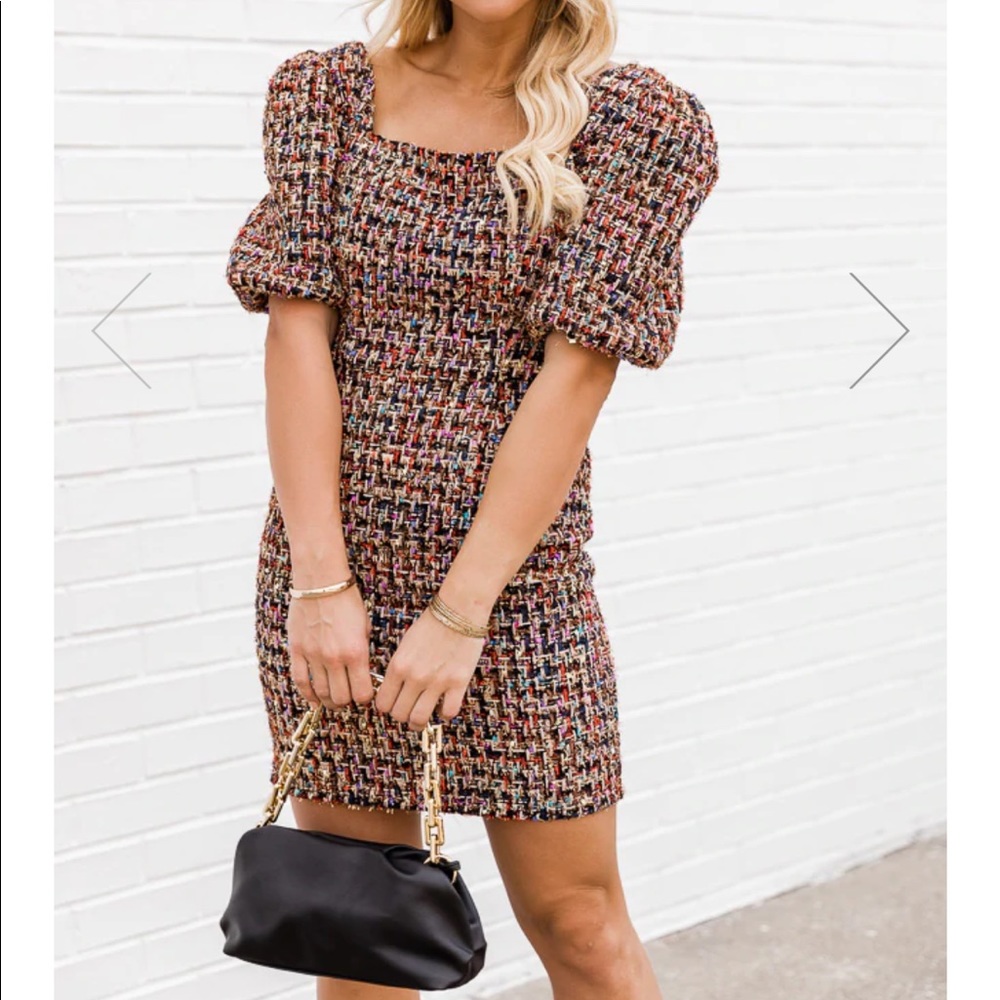 Pink Lily Colorful Tweed Puff Sleeve Mini Dress